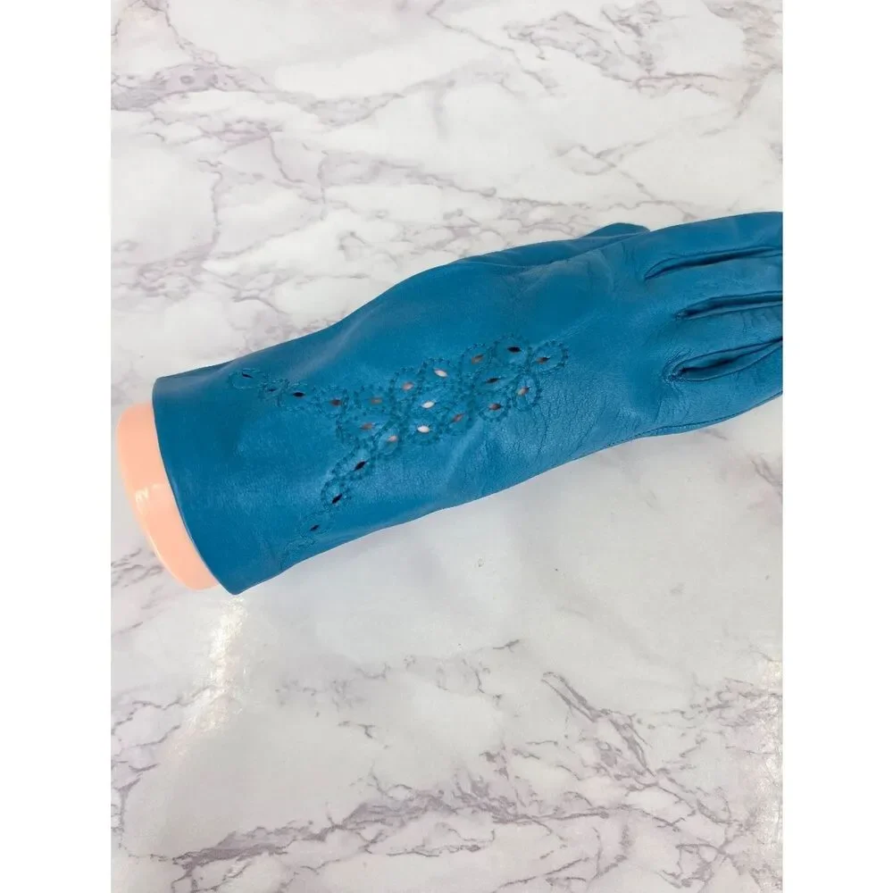 Vintage Italian Leather Teal Women's Driving Gloves with Perforated Eyelet